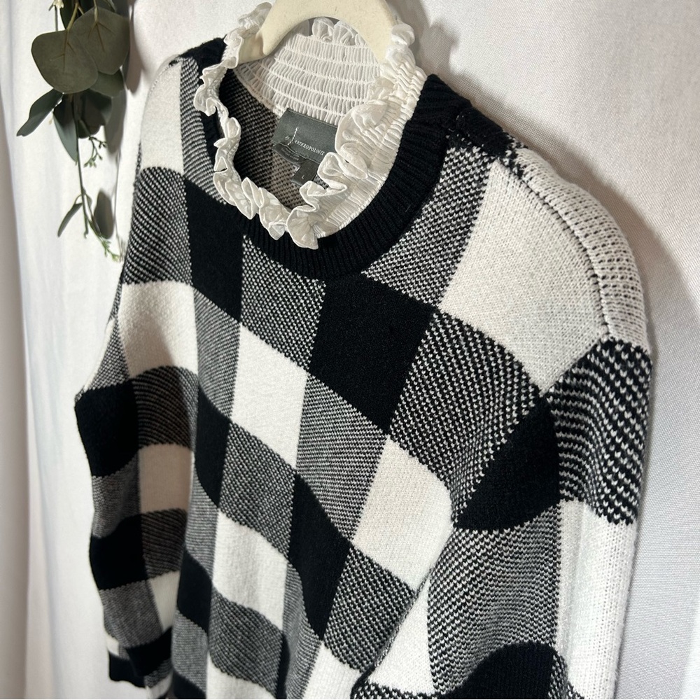 Anthropologie | Plaid Ruffle Collar Pullover Sweater Black White Women’s Size L - Picture 8 of 14